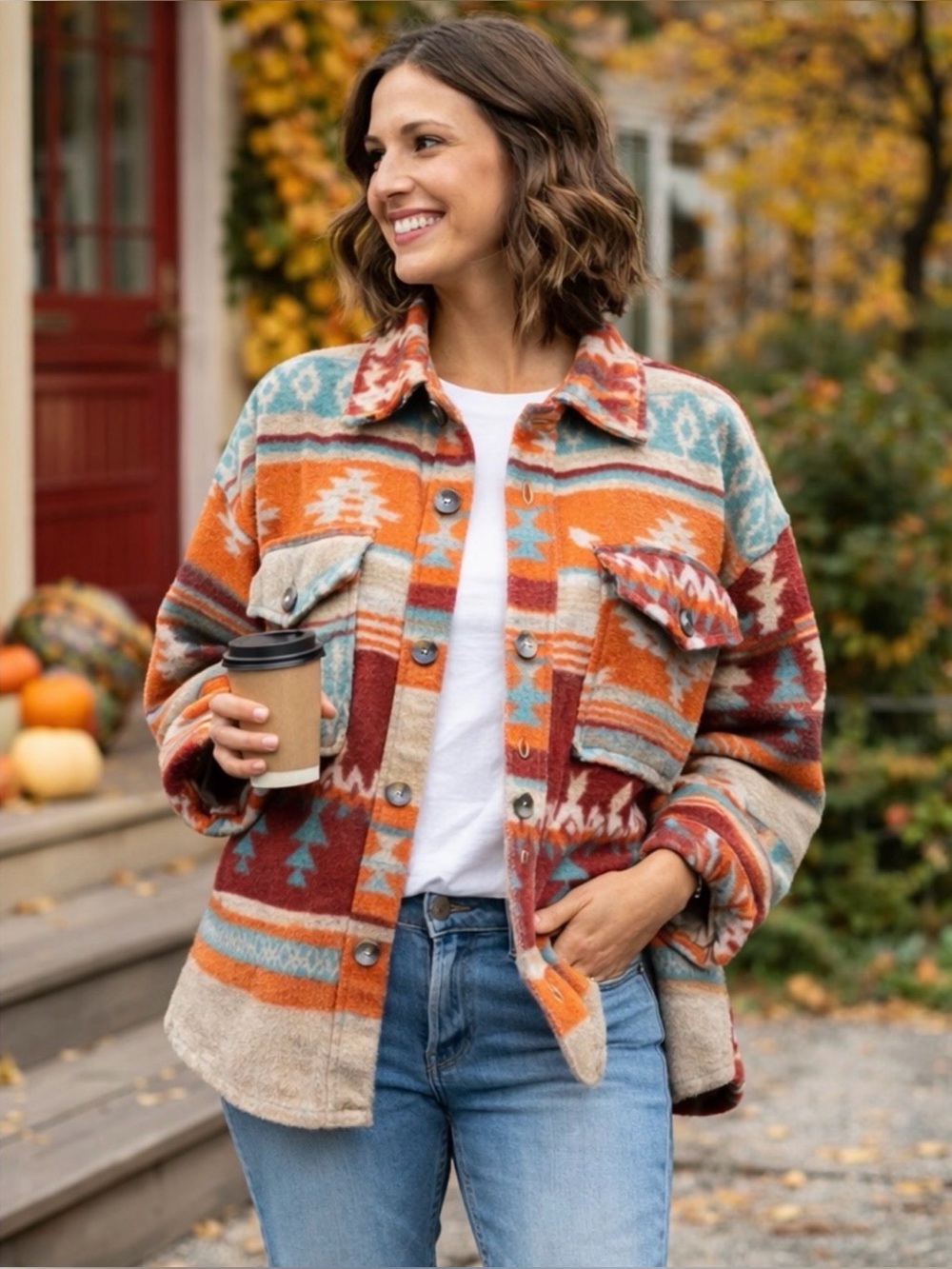 La Miel Southwestern Aztec Oversized Shacket Jacket Boho Size S